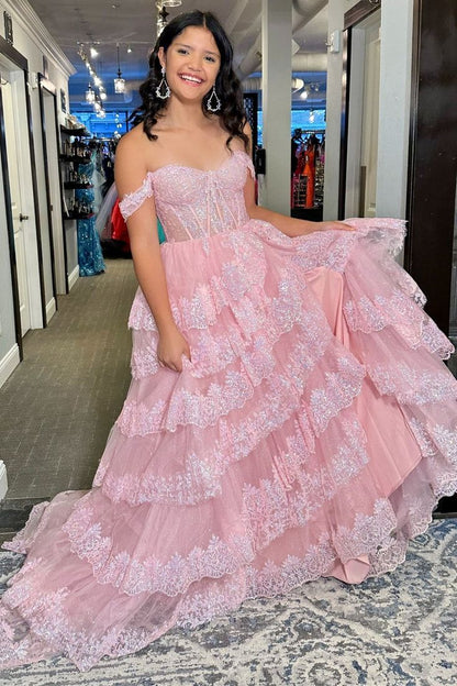 Lindo vestido longo de baile com decote em A e ombro de fora, de renda rosa e fenda, vestido formal de noite