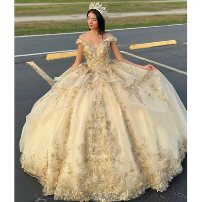 Robe de bal princesse Quinceanera, épaules dénudées, avec des Appliques en dentelle, Corset doré, fleurs 3D, à volants, Para XV Años