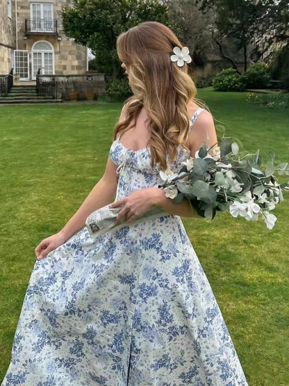 Vestido de verão com estampa floral para férias, elegante, midi, alças finas, com cadarço, linha A, roupa casual feminina