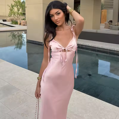 V-neck Cut Out Lace-Up Spaghetti Strap Dress For Women Summer Beach Long Dress Fashion Sexy Sleeveless Slim Gown Clothes