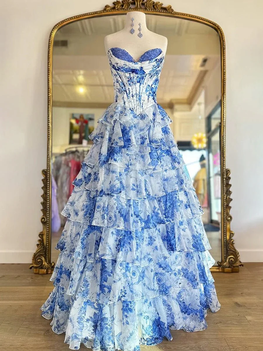 A Line Floral Blush Tiered Chiffon Long Corset Prom Dress with Slit
