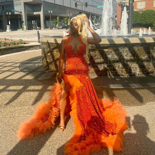 Vestido de fiesta naranja solitario de sirena, vestido de noche personalizado
