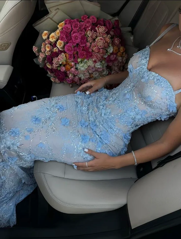 Baby Blue Sheath V Neck Beaded 3D Floral Lace Prom Dress Evening Dress