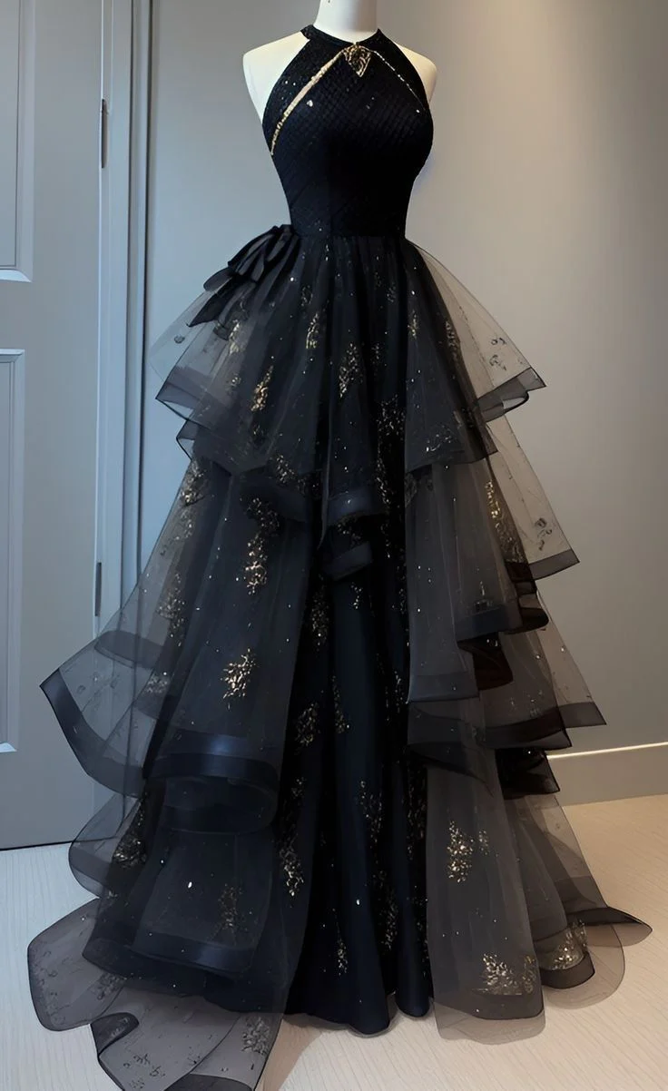 Ball Gown Scoop Neckline Black Tulle Party Dress Prom Dresses Evening Dress