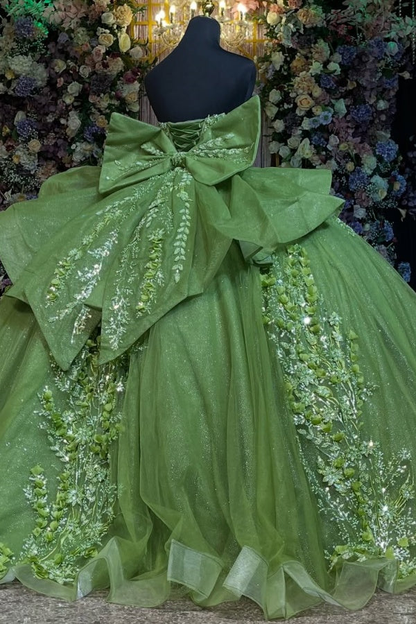 Ball Gown Strapless Sleeveless Pleated Fully Beaded Appliques Shawl Bow Knot Sage Green Tulle Quinceanera Dress Birthday Party Dress for Sweet 16 Evening Formal Gown