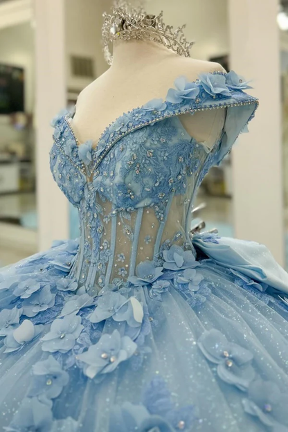 Ball Gown V Neck Detachable Long Sleeves Pleated Beaded 3D Flowers Appliques Sparkly Baby Blue Tulle Quinceanera Dress Birthday Party Dress Evening Formal Gown for Sweet 16