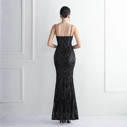 Robe de soirée sirène noire à paillettes et bretelles, longueur au sol, élégante pour les invités de mariage