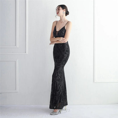 Robe de soirée sirène noire à paillettes et bretelles, longueur au sol, élégante pour les invités de mariage