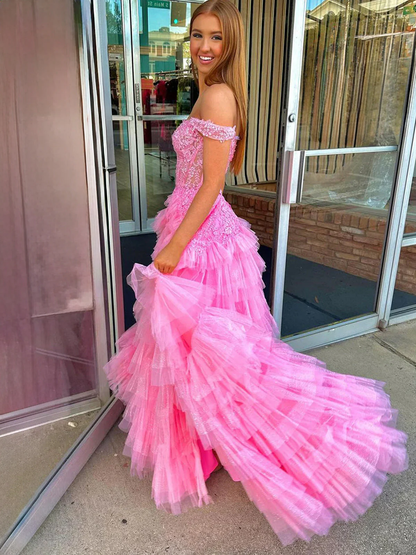 Champagne Off the Shoulder Tulle Prom Dress With Appliques