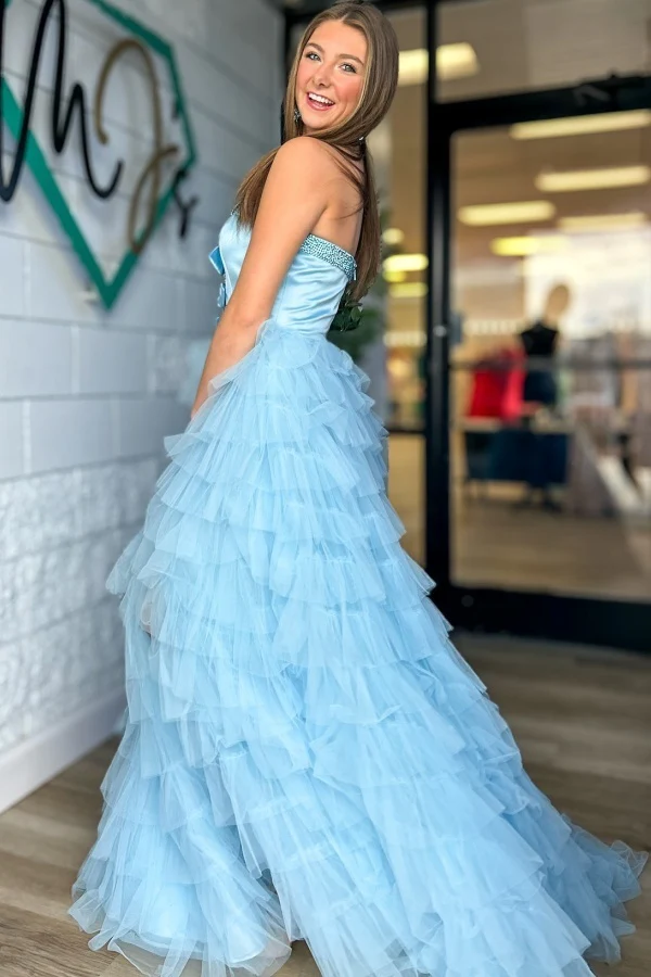Chic A-Line Strapless Sleeveless Beaded BowKnot Tulle Tiered Prom Party Dress High Side Slit and Train Evening Formal Gown