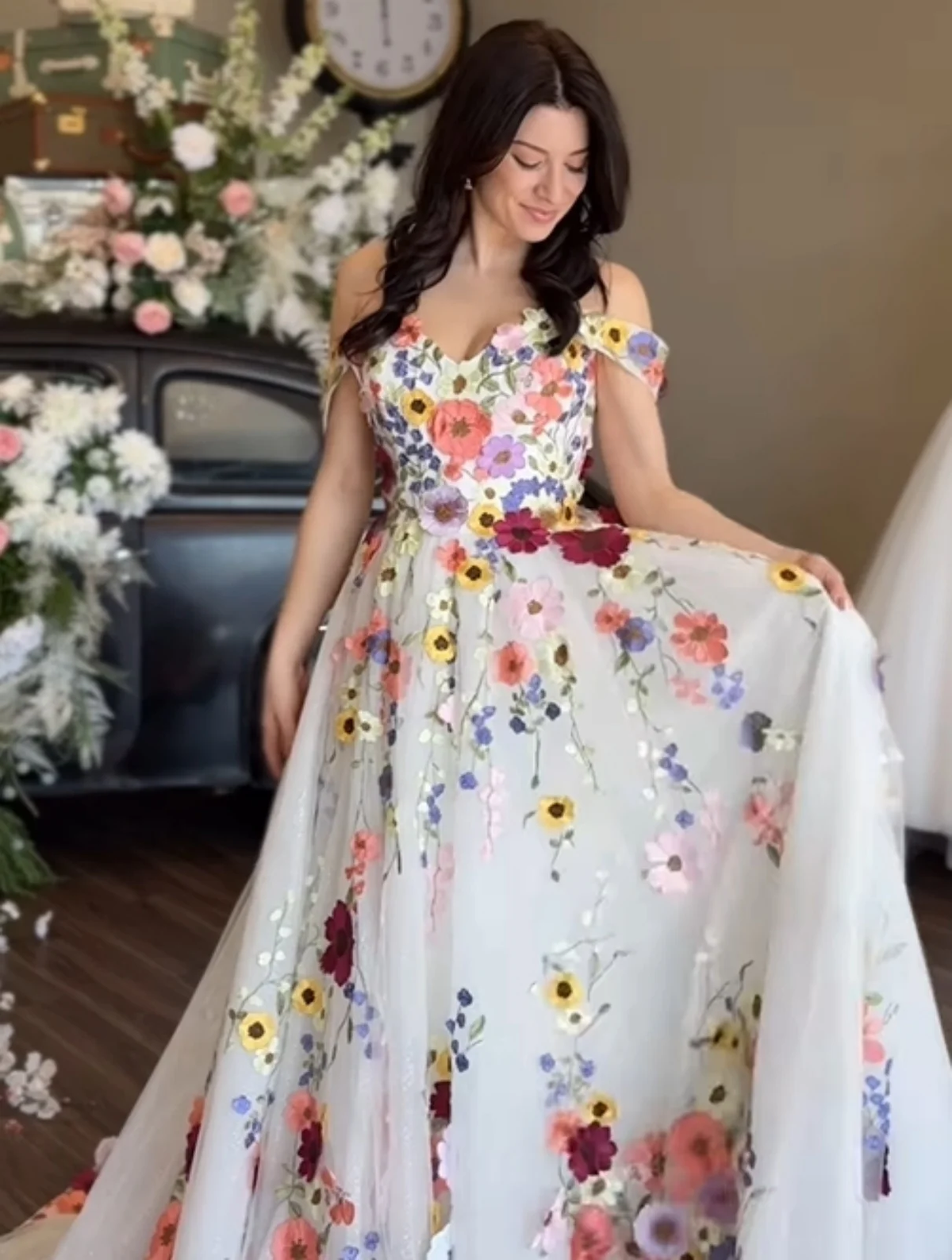 Colorful Floral Embroidered Wedding Dress Dreamy 3D Floral Princess Prom Dresses Off Shoulder A-Line Tulle Bridal Gowns