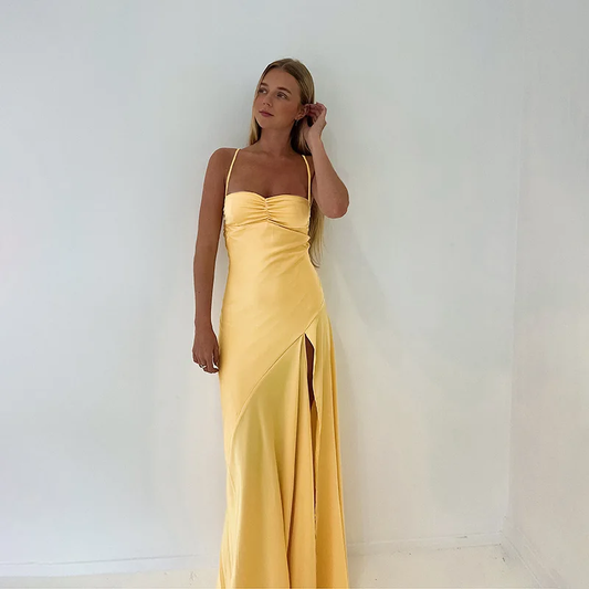 Customized Prom Dress Elegant Yellow Satin Prom Dress High Slit Evening Gown Backless Formal Dress