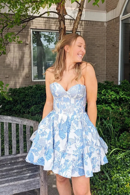 Cute A-Line Strapless Blue Jacquard Satin Short Homecoming Dresses with Pockets