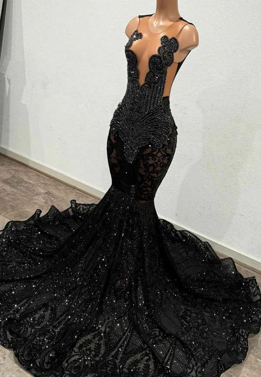 Deep V-Neck Appliques Beaded Mermaid Prom Dress for Black Girls