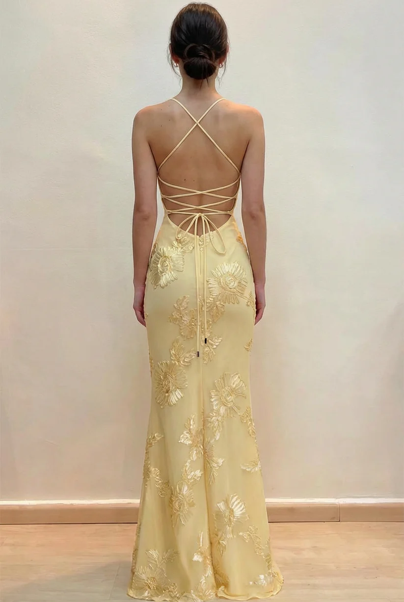Elegant Mermaid Floral Embroidered Lace Up Yellow Prom Dress