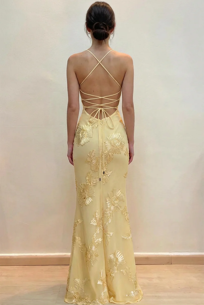 Elegant Mermaid Floral Embroidered Lace Up Yellow Prom Dress