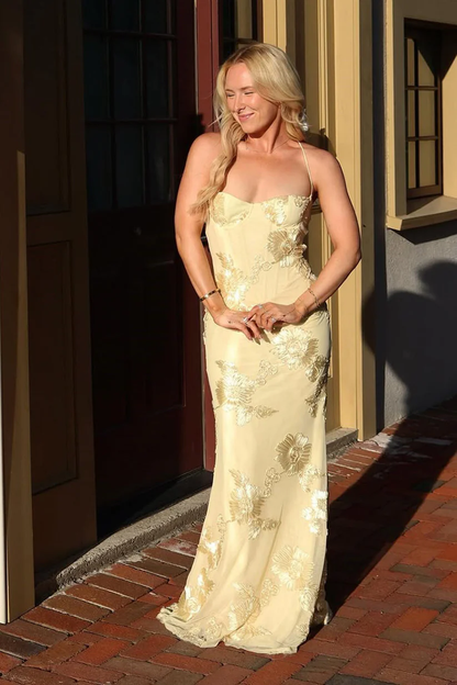 Elegant Mermaid Floral Embroidered Lace Up Yellow Prom Dress