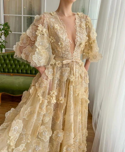 Floral Appliqués V Neck Prom Dress Shiny Evening Dresses Cocktail A-line Special Occasions Customized Women Party Gown