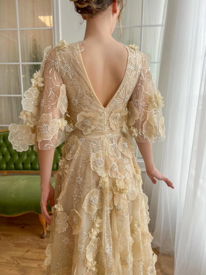 Floral Appliqués V Neck Prom Dress Shiny Evening Dresses Cocktail A-line Special Occasions Customized Women Party Gown