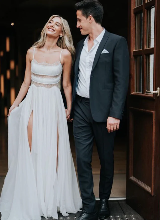 Gentle A Line Spaghetti Strap White Lace Chiffon Prom Dress Wedding Dress with Slit
