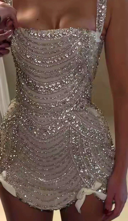 Glitter Champagne Tulle Beaded Birthday Outfits Short Sheath Homecoming Dress Cocktail Dress