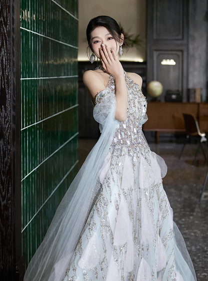 Glitter Evening Dresses Halter Party Dress High-end Shiny Prom Dress A-line Customized Birthday Party Dress