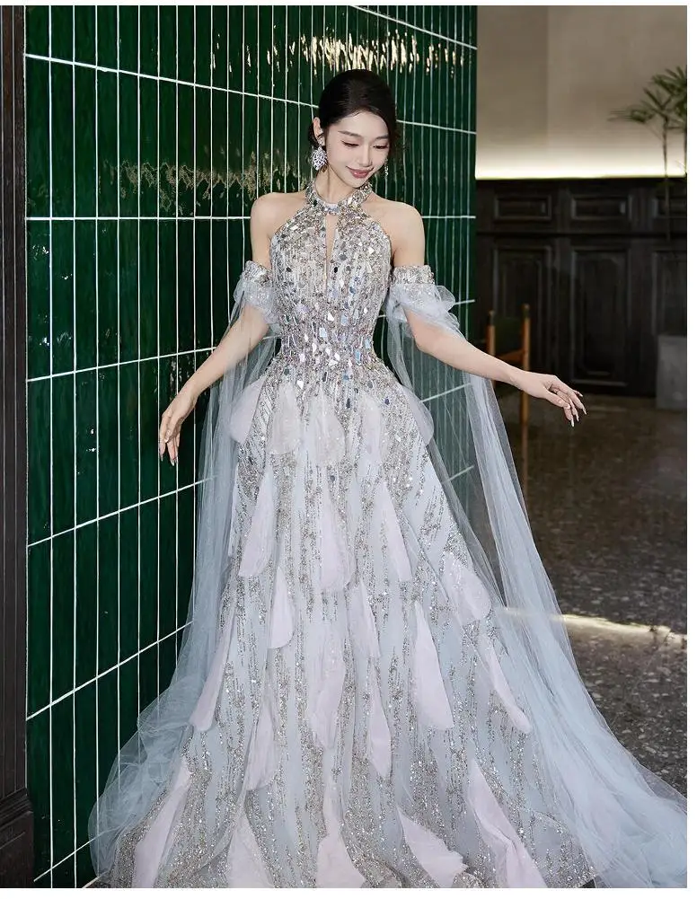 Glitter Evening Dresses Halter Party Dress High-end Shiny Prom Dress A-line Customized Birthday Party Dress