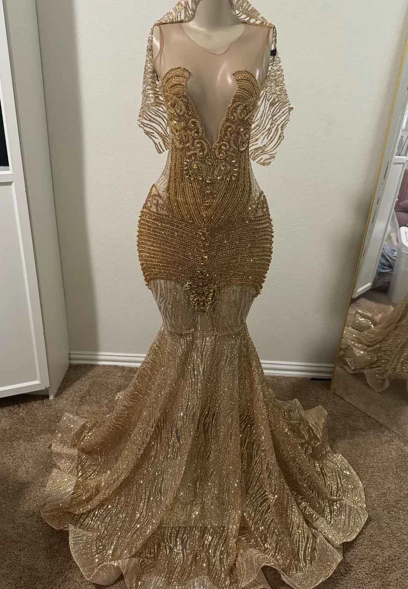 Gold V-Neck Sleeveless Beadedd Pleated Mermaid Prom Dress for Black Girls
