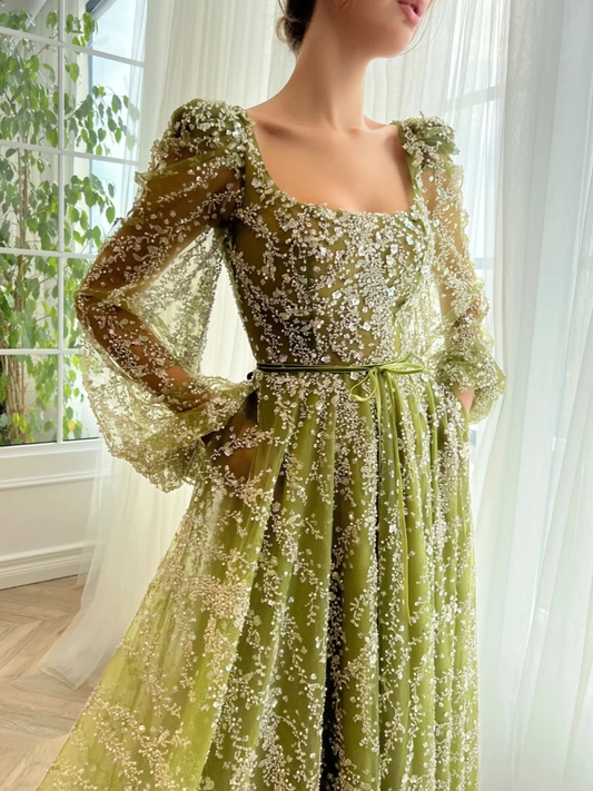 Green Square Neck Glitter Evening Dress Modern Pearls Formal Party Customized Cocktail Gown Charming Lace A Line Prom Dress