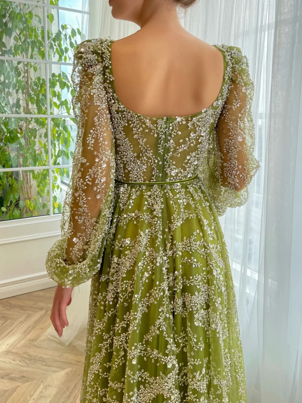 Green Square Neck Glitter Evening Dress Modern Pearls Formal Party Customized Cocktail Gown Charming Lace A Line Prom Dress