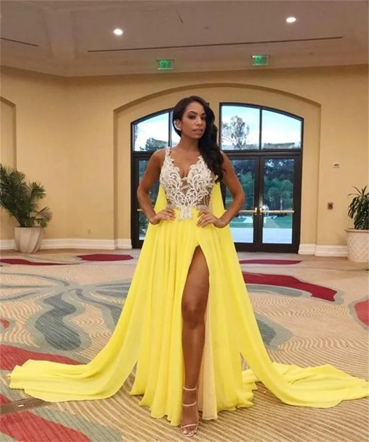 Vestidos de noite de verão amarelos brilhantes com apliques de renda e miçangas, sem mangas, vestido formal de baile feito sob medida, ilusão sexy