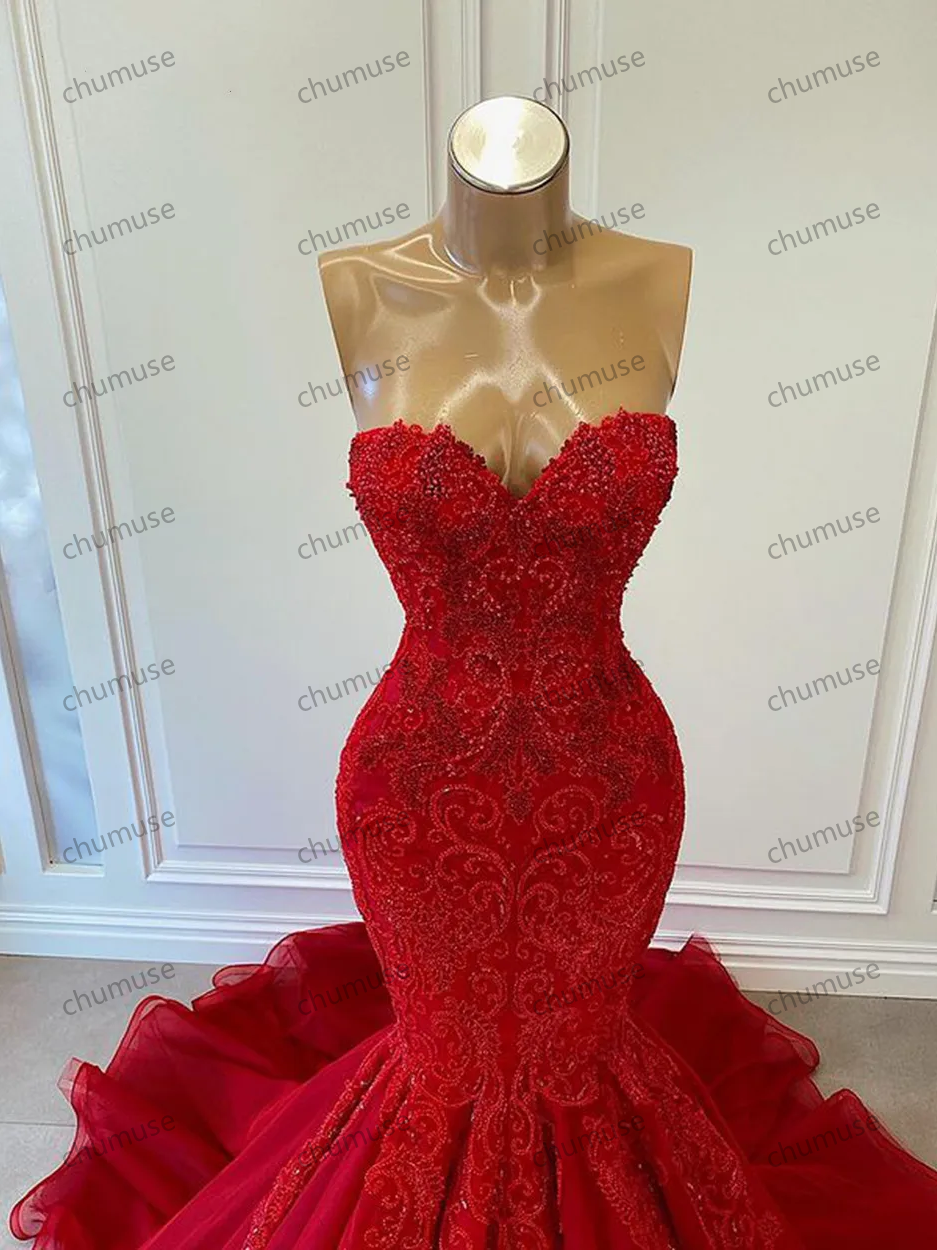 Vestidos de festa longos vermelhos para mulheres africanas, sereia sexy, querida, apliques de contas de luxo, vestidos de festa