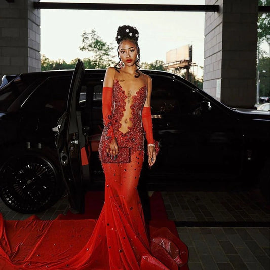 Vestido de fiesta solitario rojo, vestido de fiesta de sirena, vestido de noche personalizado
