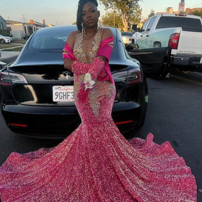 Long Prom Dress For Black Girls Mermaid Sequined Beaded Crystals Birthday Party Dresses Evening Gown Customized