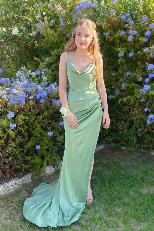 Light Green Cowl Neck Slit Long Dress