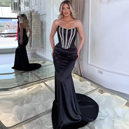Luxury Dresses for Special Occasions Satin Mermaid/Trumpet Formal Evening Dress Black Strapless Rhinestones Pleat Prom Dresses