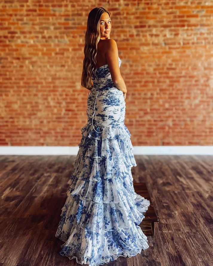 Mermaid Chiffon Ruffled Floral Print Long Prom Dresses Sweetheart Keyhole Party Gowns