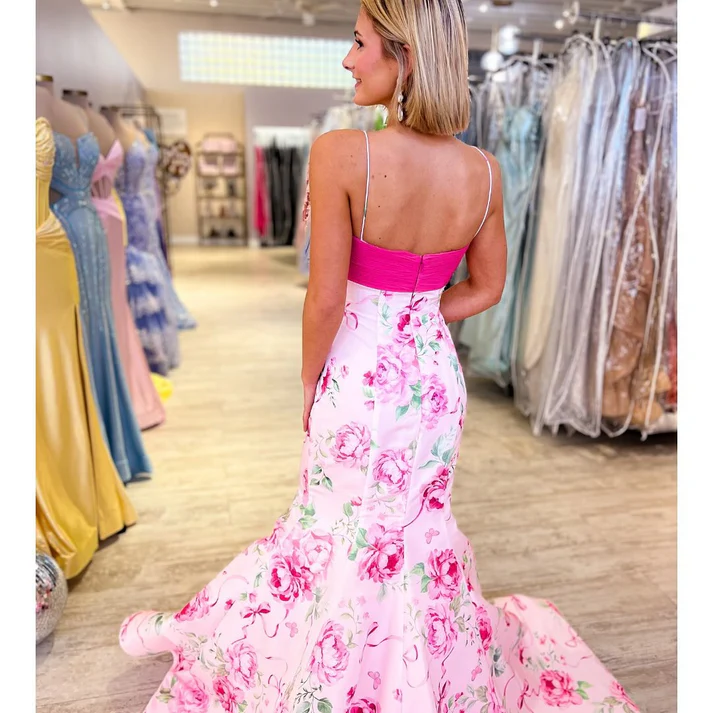 Mermaid Satin Floral Print Prom Dresses Long V Neck Evening Party Gowns for Women