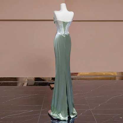 Mermaid Sweetheart Green Long Evening Dress Satin Prom Dresses