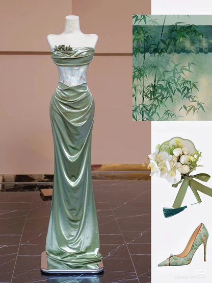 Mermaid Sweetheart Green Long Evening Dress Satin Prom Dresses