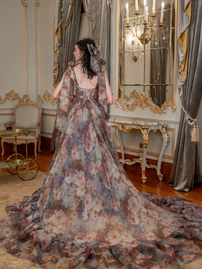 New Floral Chiffon Evening Gown with Ruffle Layers Chic Sleeveless V‑Neck Boho Romantic Maxi Dress Pretty Printing Party Dress