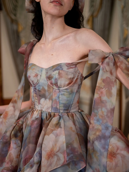 New Floral Chiffon Evening Gown with Ruffle Layers Chic Sleeveless V‑Neck Boho Romantic Maxi Dress Pretty Printing Party Dress
