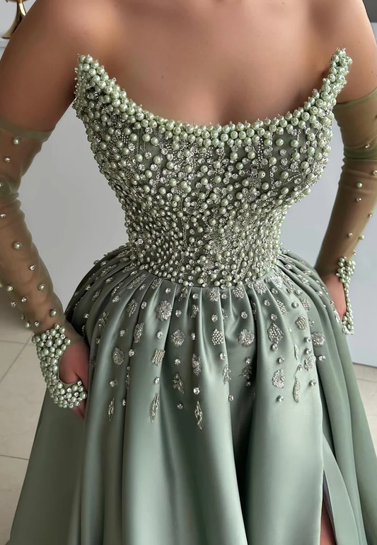 Off-Shoulder Sleeveless Beaded Pearl A-Line Prom Dress
