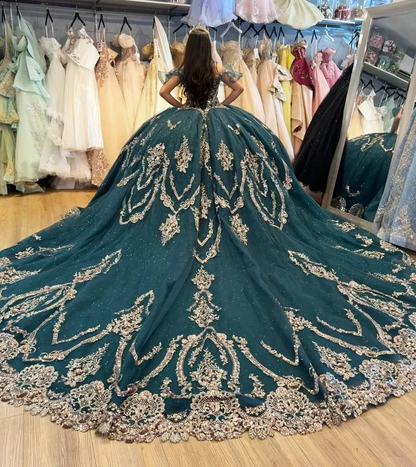 Off Shoulder Princess Tulle Appliqued Beaded Quinceanera Dresses for Sweet 16 Party