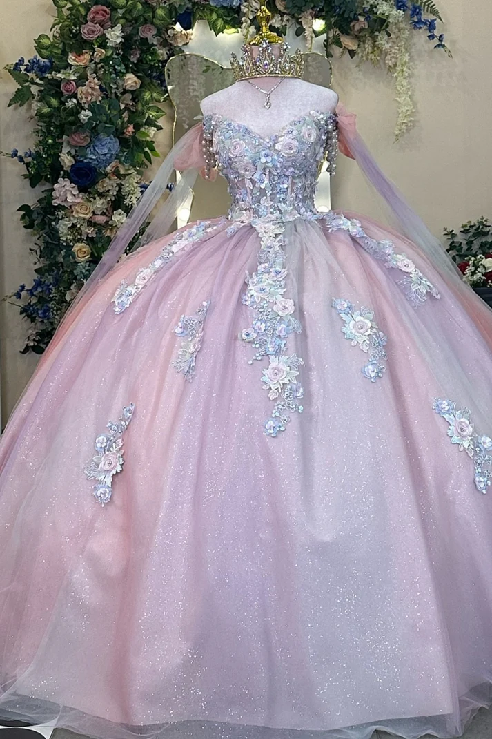 Off Shoulder Sleeveless Beaded 3D Flower Appliques Pink Sweet 15 Quinceañera Dress