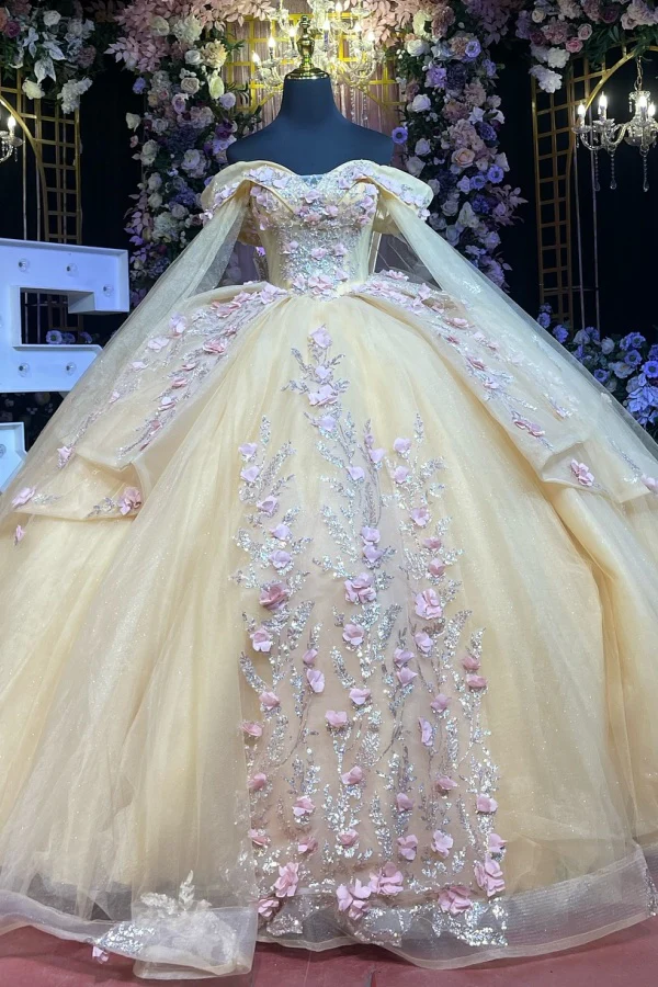 Off Shoulder Sleeveless Beaded 3D Flowers Appliques Champagne Quinceanera Dress