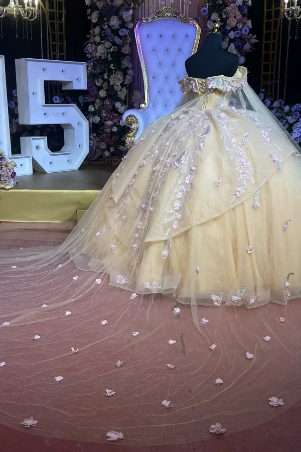 Off Shoulder Sleeveless Beaded 3D Flowers Appliques Champagne Quinceanera Dress