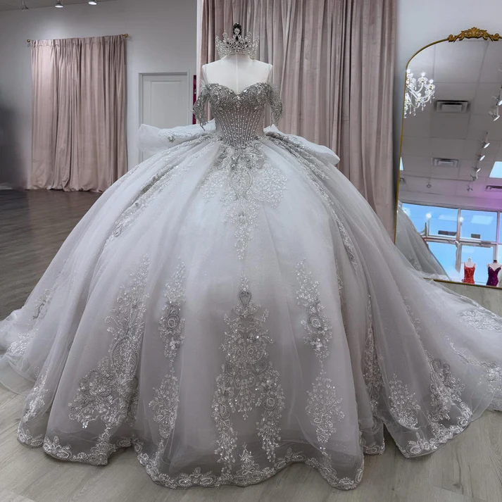 Off Shoulder Sleeveless Beaded Crystal Appliques Silver Sweet 15 Quinceañera Dress