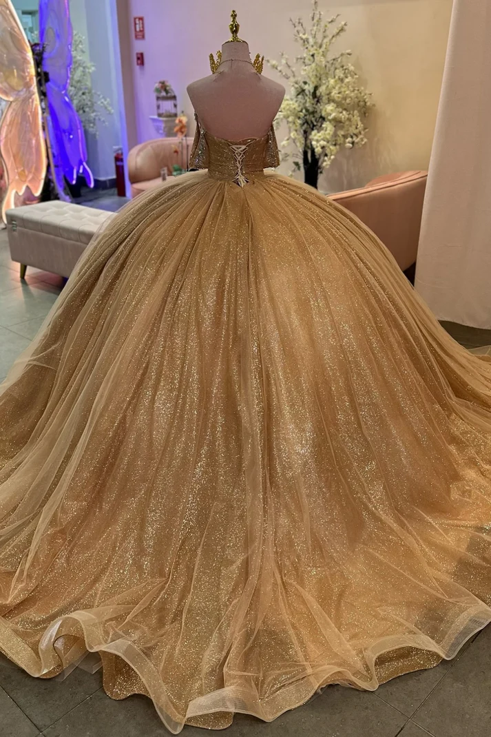 Off Shoulder Sleeveless Beaded Gold Sweet 15 Quinceañera Dress