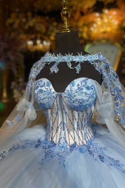 Off Shoulder Sleeveless Beaded Sequins Appleques Blue Quinceanera Dress